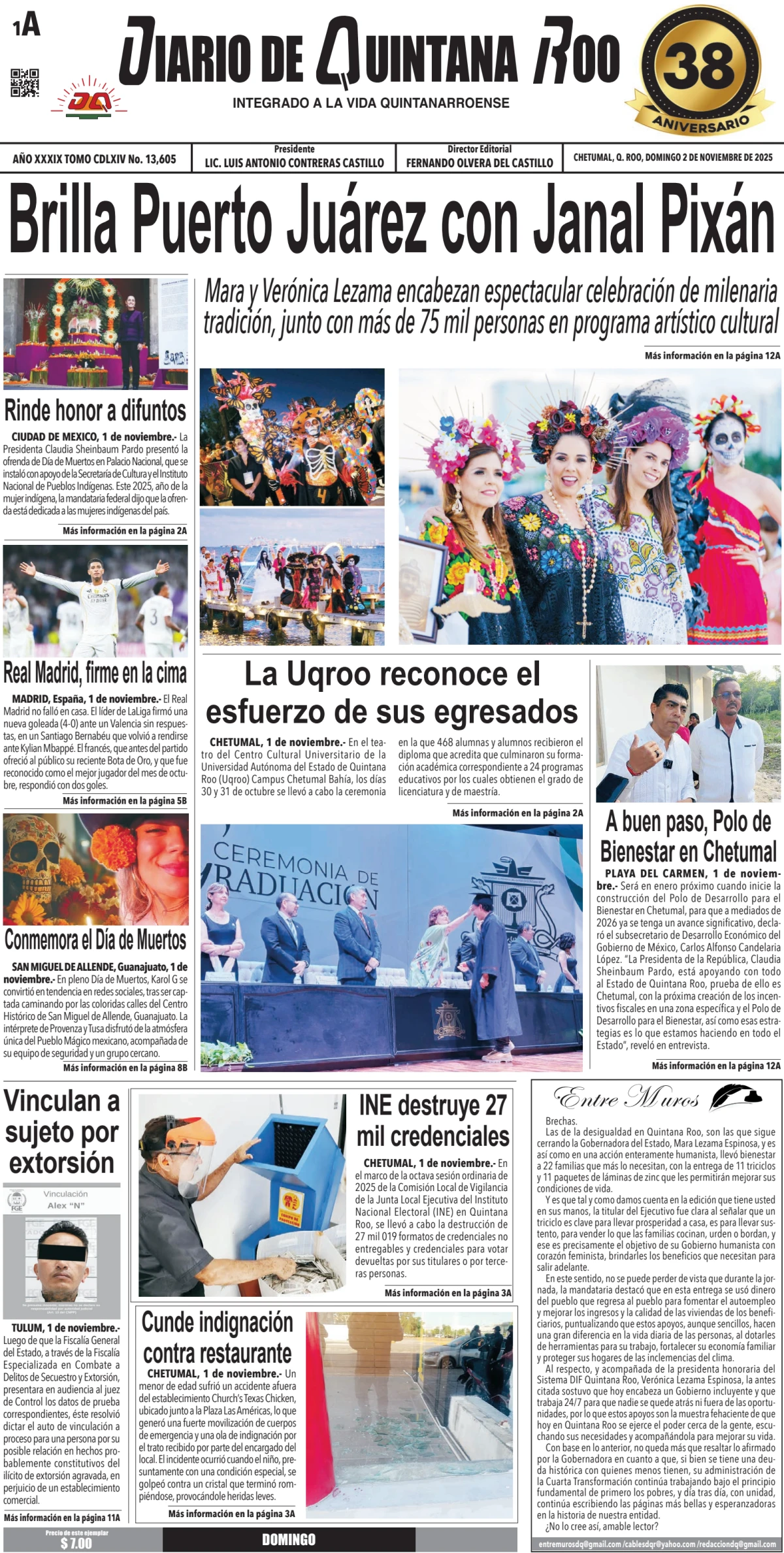 Portada de Diario de Quintana Roo (portada) del domingo, 2 de noviembre de 2025