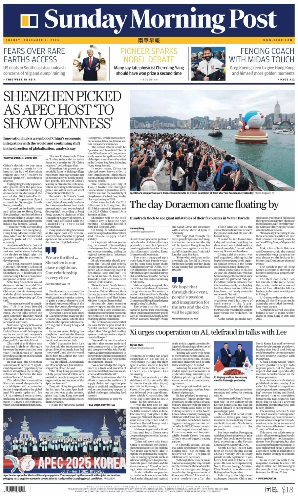 Portada de South China Morning Post del domingo, 2 de noviembre de 2025