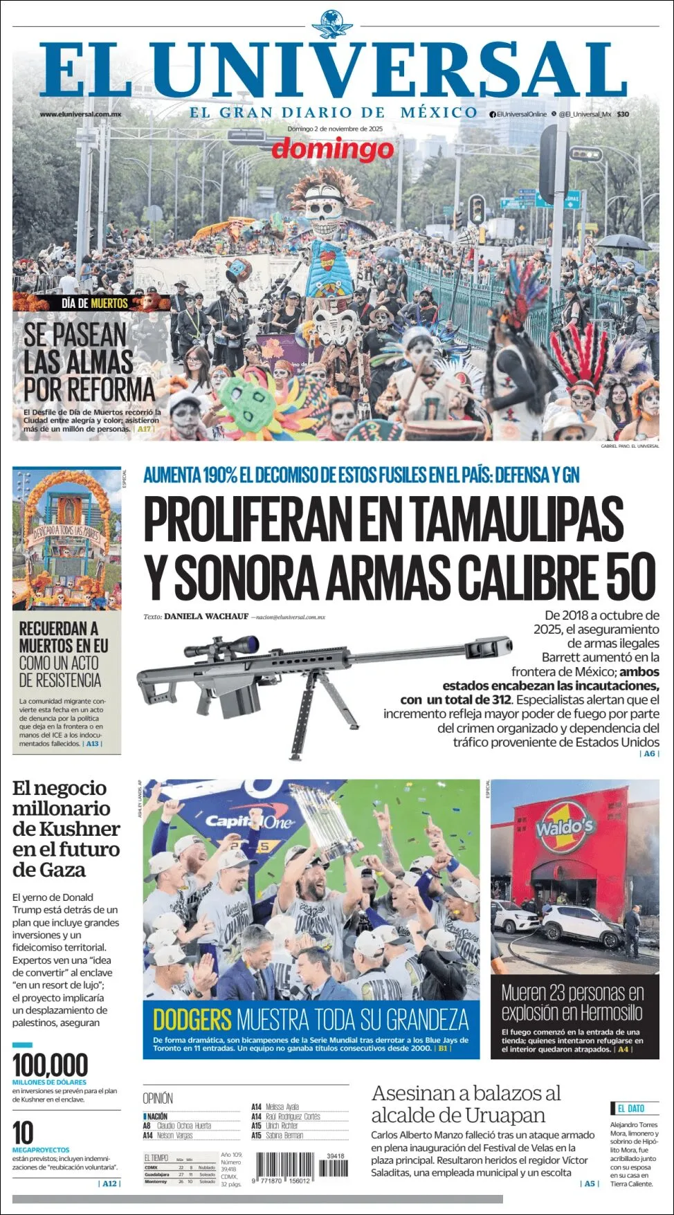 Portada de El Universal del domingo, 2 de noviembre de 2025