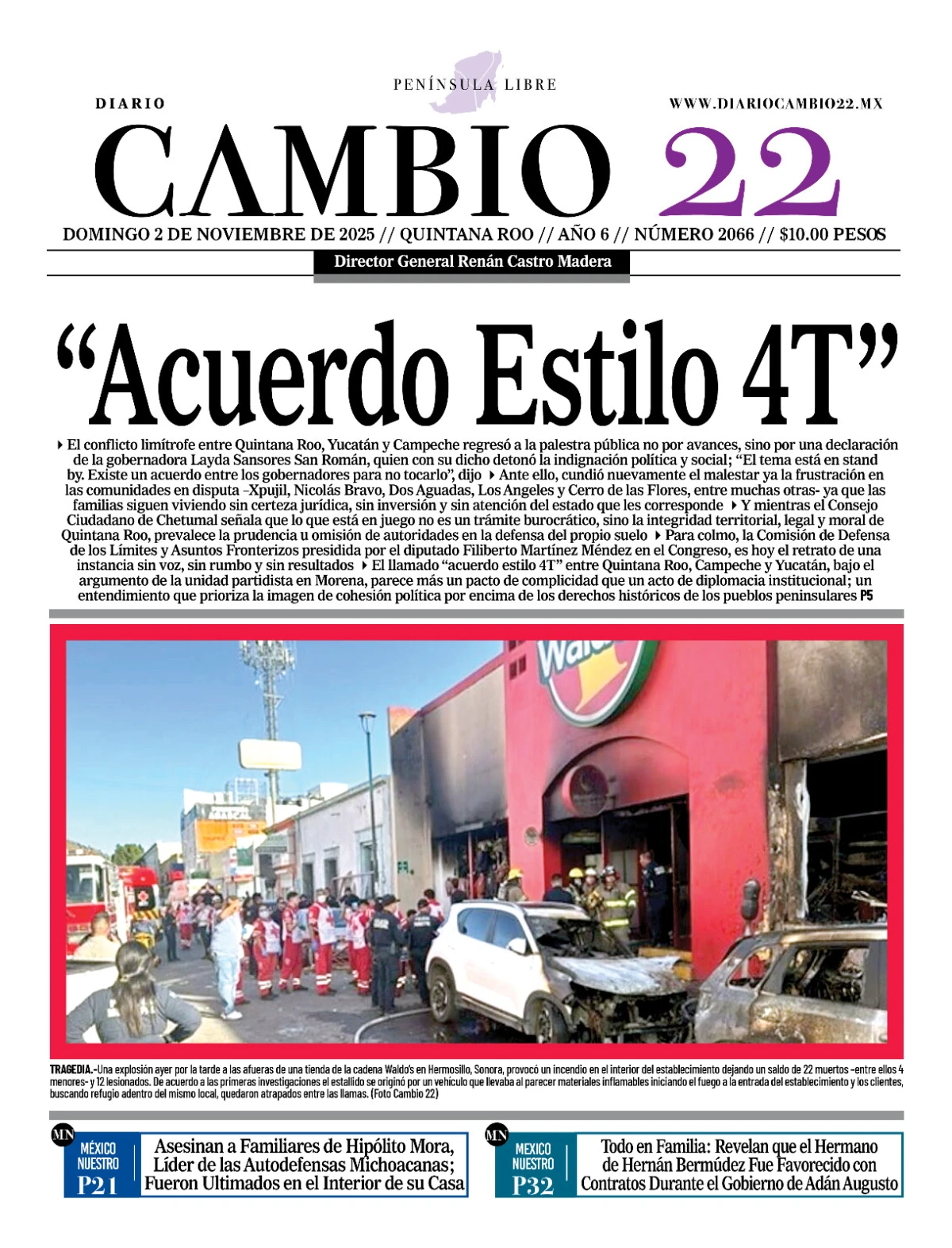Portada de Diario Cambio 22 (contraportada) del domingo, 2 de noviembre de 2025