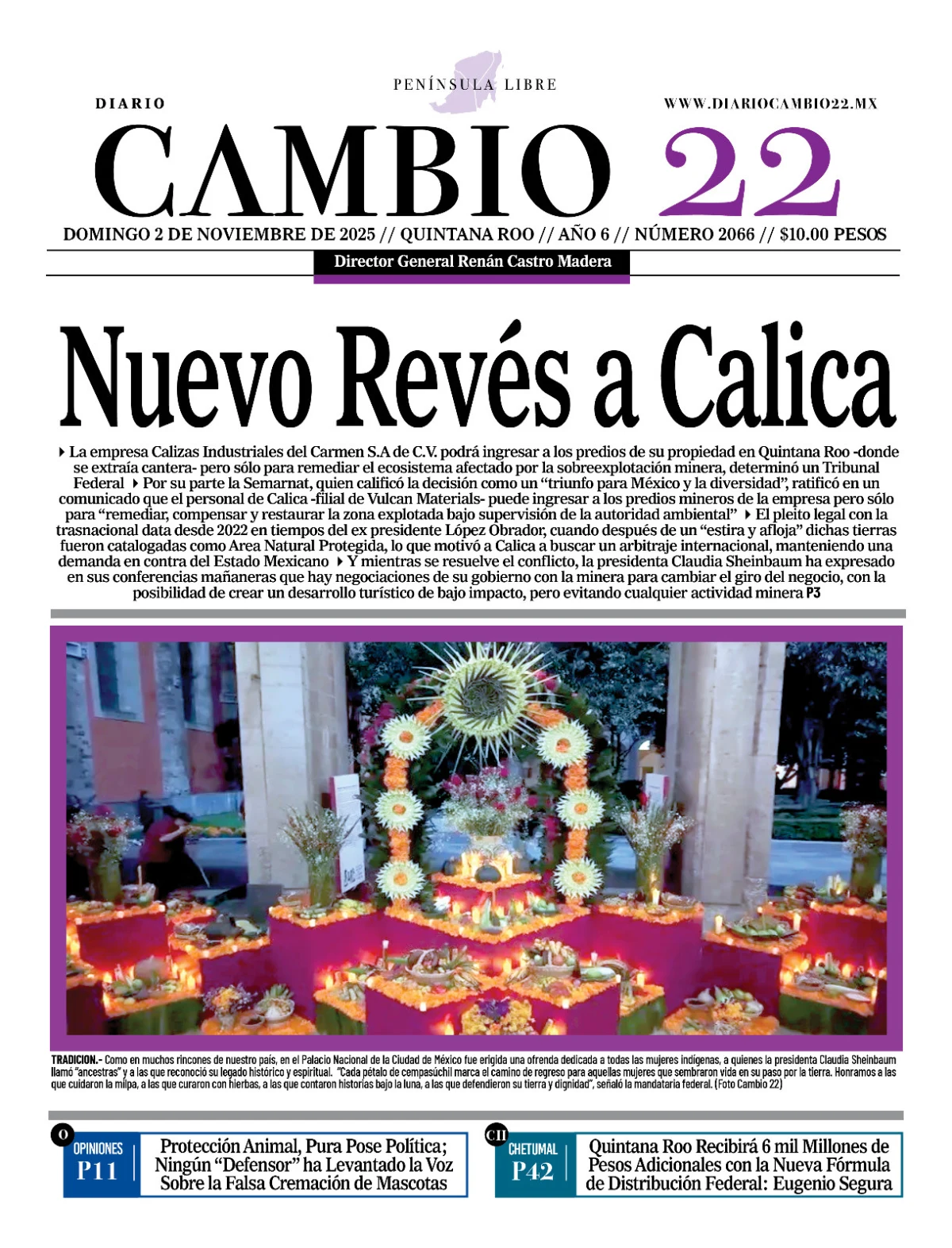 Portada de Diario Cambio 22 (portada) del domingo, 2 de noviembre de 2025