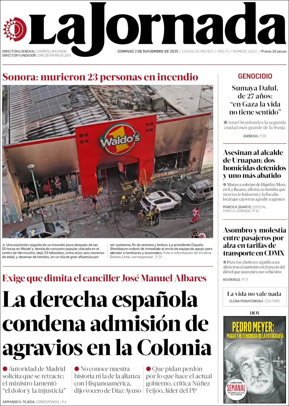 Portada de La Jornada del domingo, 2 de noviembre de 2025