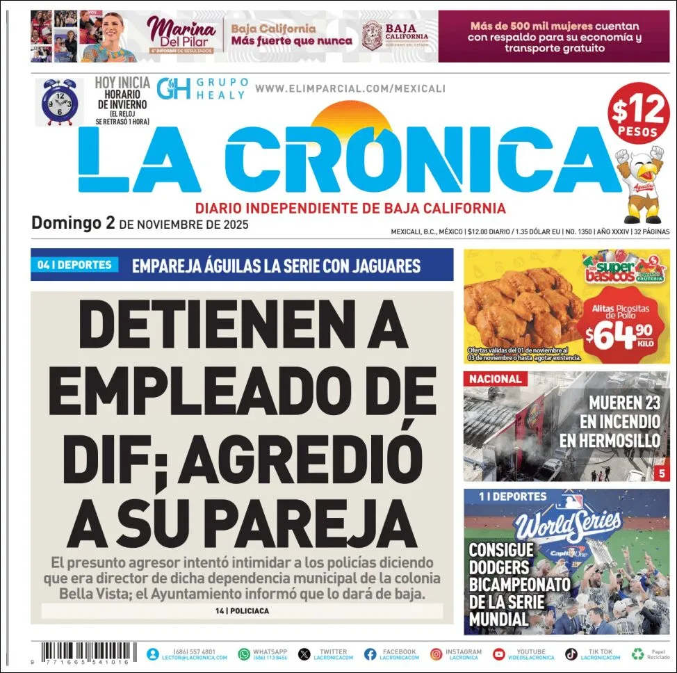 Portada de La Cronica del domingo, 2 de noviembre de 2025