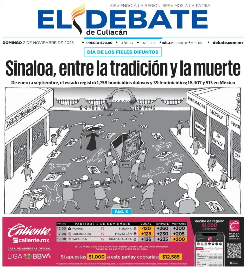 Portada de El Debate de Culiacan del domingo, 2 de noviembre de 2025