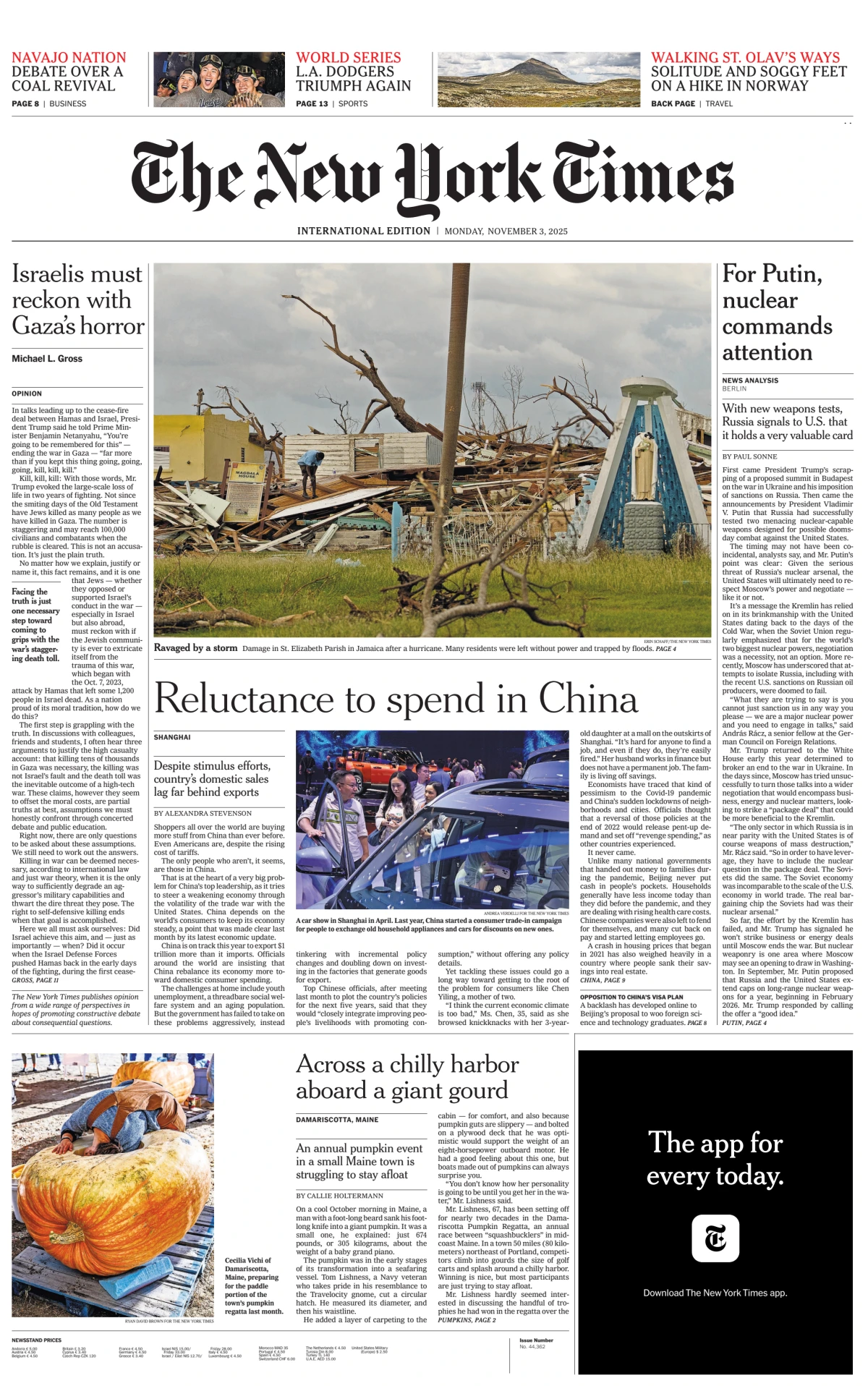 Portada de The New York Times (international) del lunes, 3 de noviembre de 2025