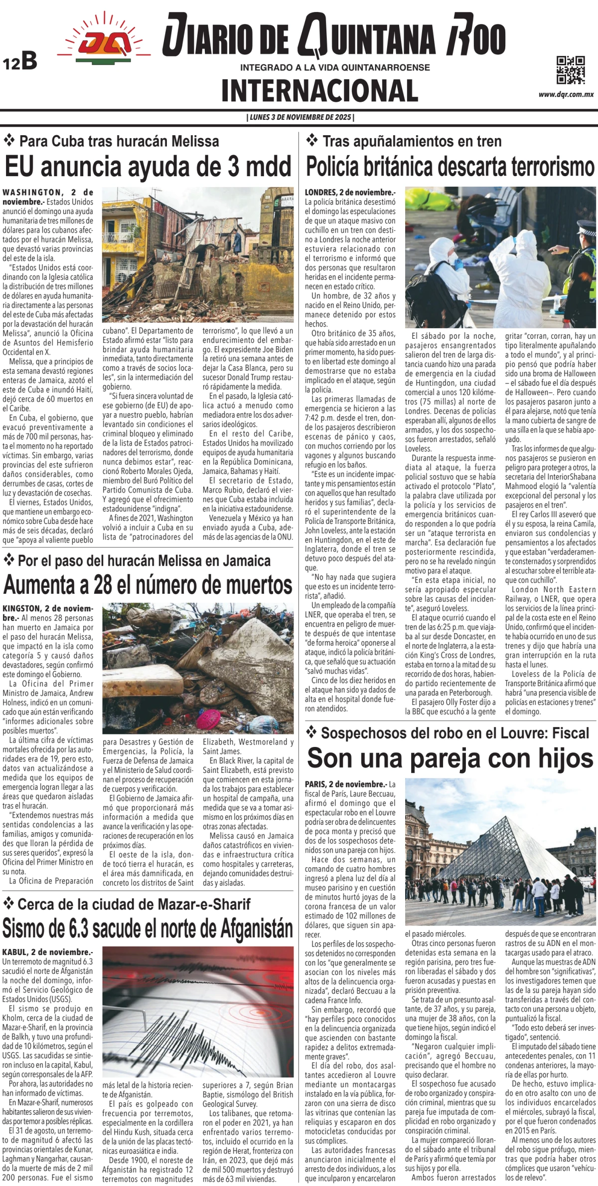 Portada de Diario de Quintana Roo (contra Portada) del lunes, 3 de noviembre de 2025