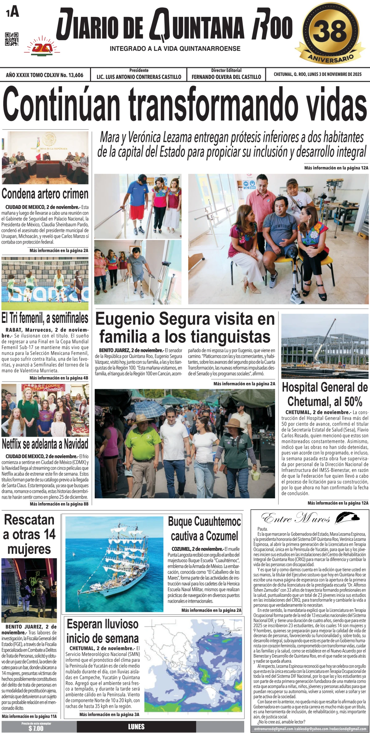 Portada de Diario de Quintana Roo (portada) del lunes, 3 de noviembre de 2025