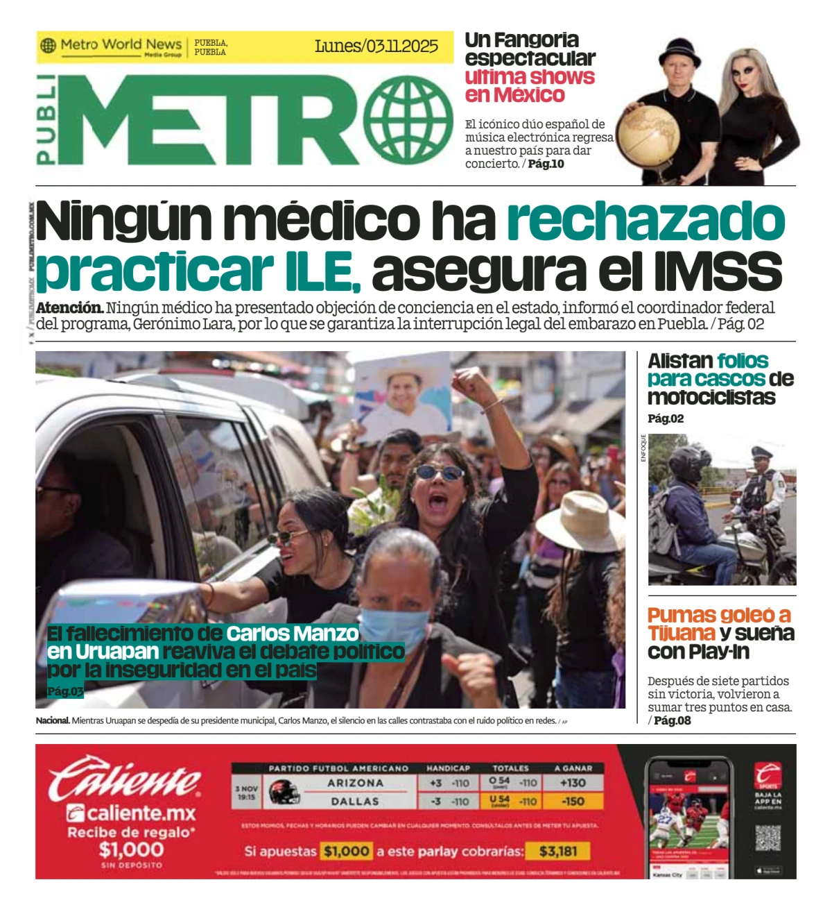 Portada de Publimetro Puebla del lunes, 3 de noviembre de 2025