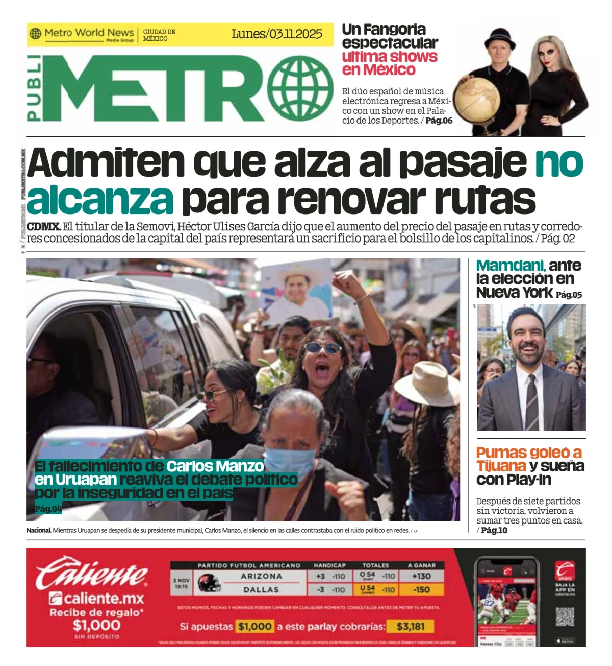 Portada de Publimetro Nacional del lunes, 3 de noviembre de 2025