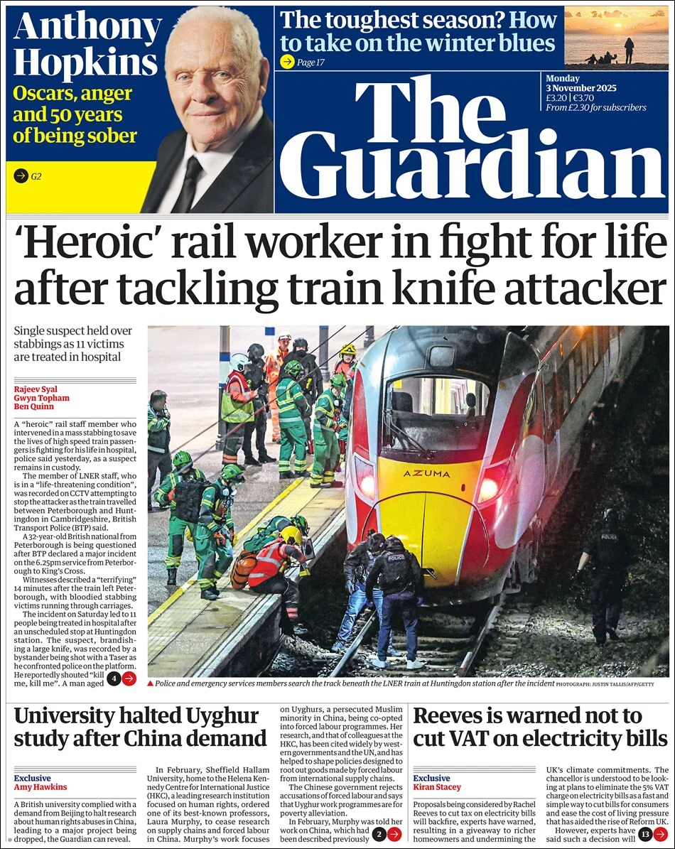 Portada de The Guardian (reino Unido) del lunes, 3 de noviembre de 2025