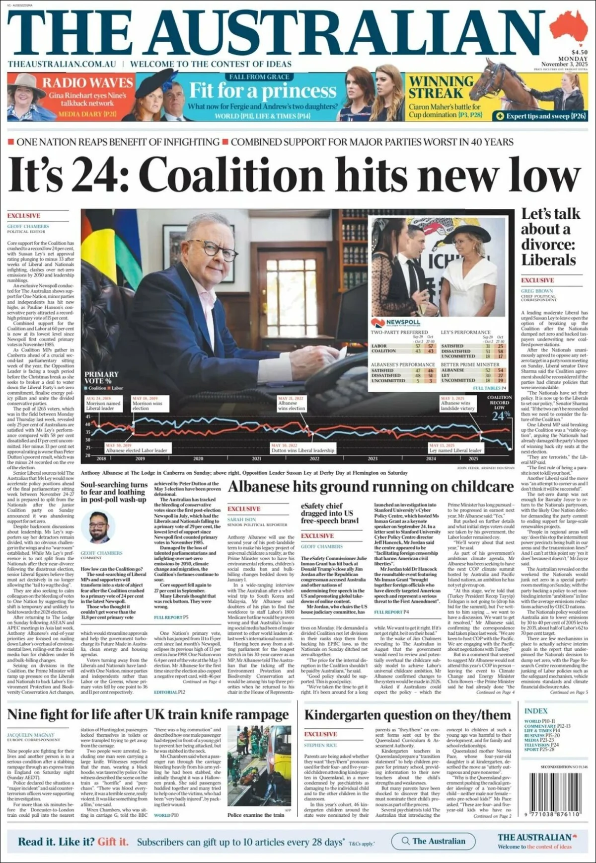 Portada de The Australian del lunes, 3 de noviembre de 2025