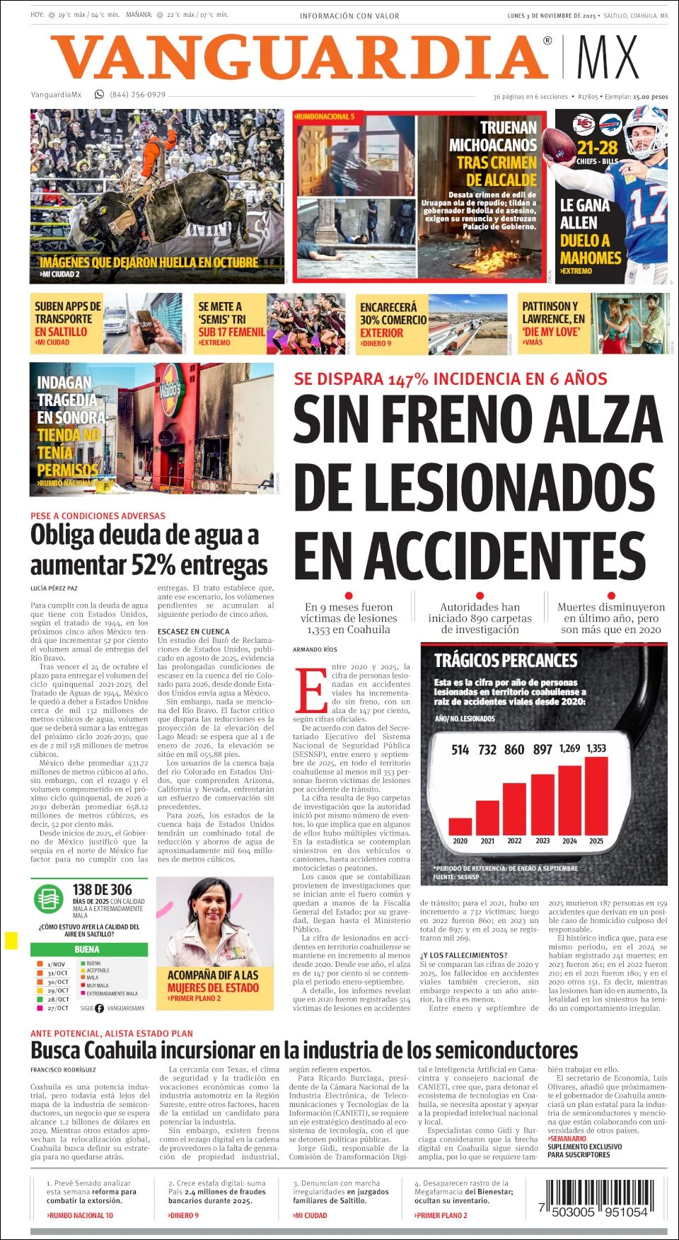Portada de Vanguardia del lunes, 3 de noviembre de 2025