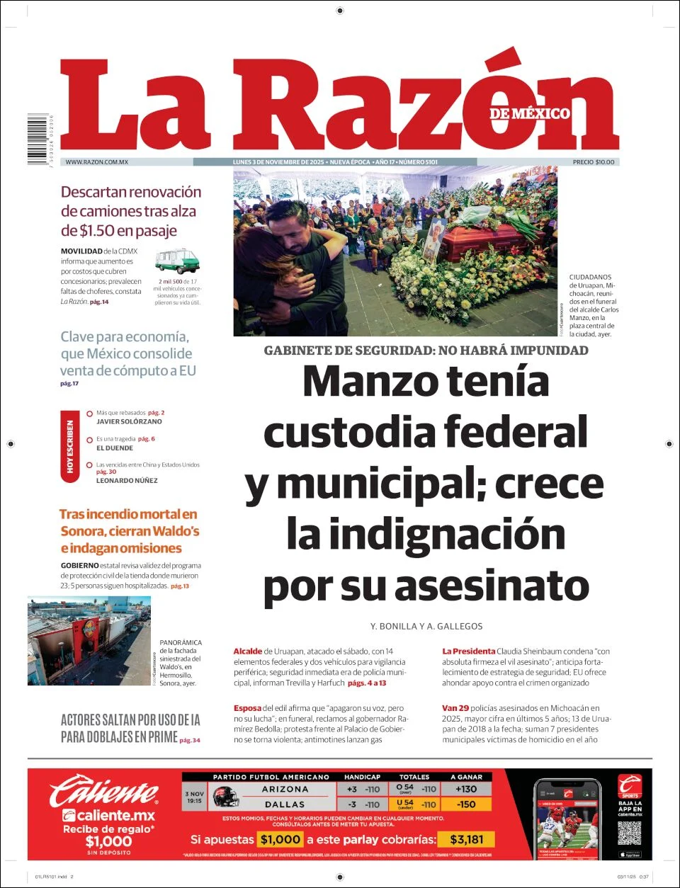 Portada de La Razon del lunes, 3 de noviembre de 2025