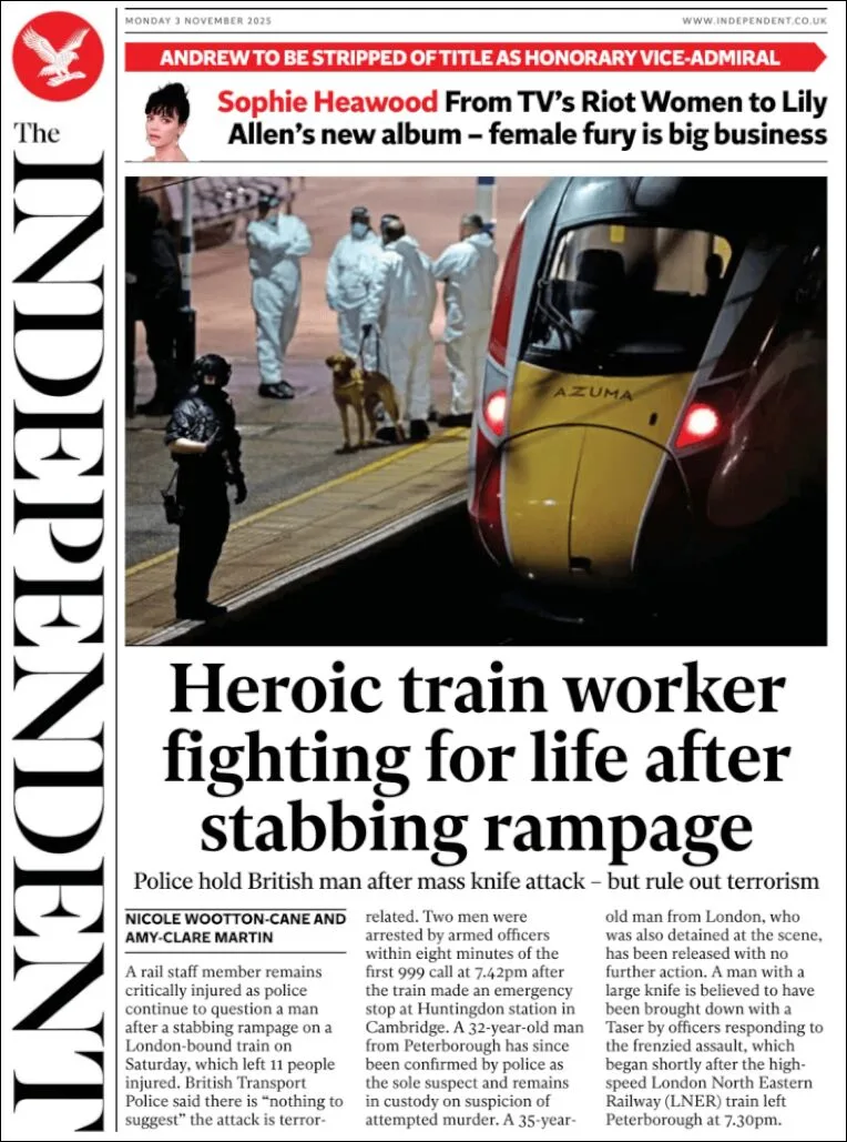 Portada de The Independent del lunes, 3 de noviembre de 2025