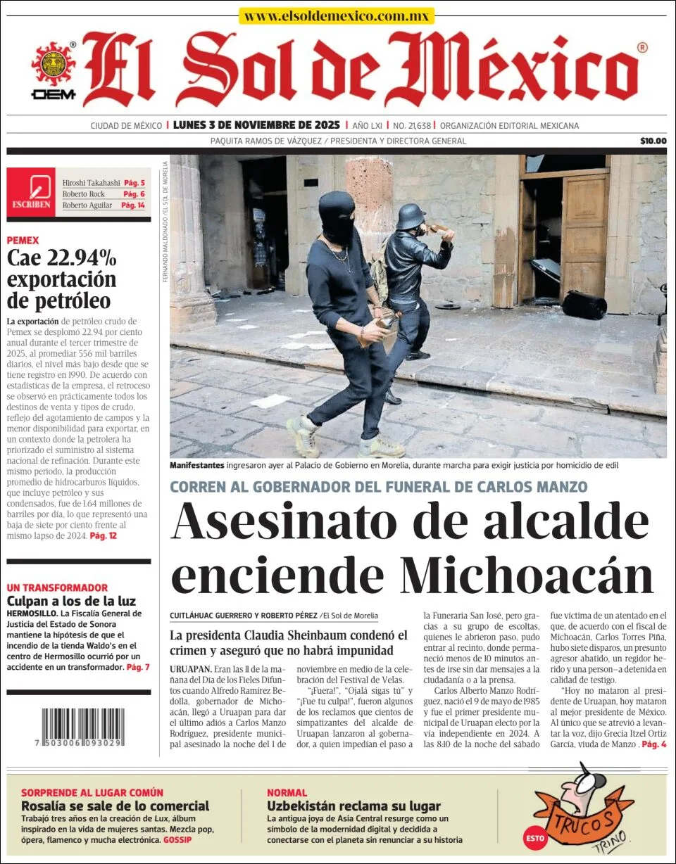 Portada de El Sol de Mexico del lunes, 3 de noviembre de 2025