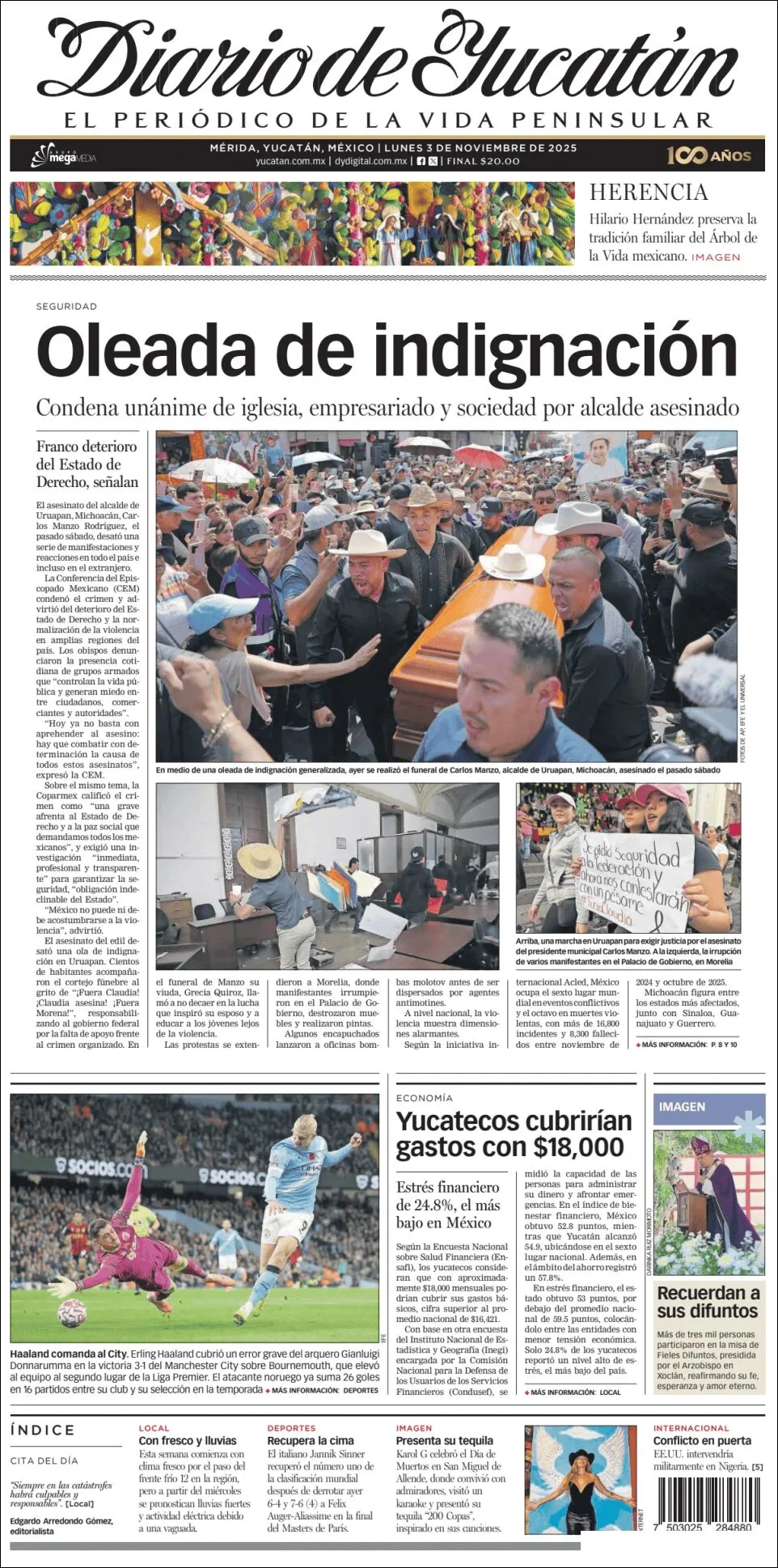 Portada de Diario de Yucatán del lunes, 3 de noviembre de 2025