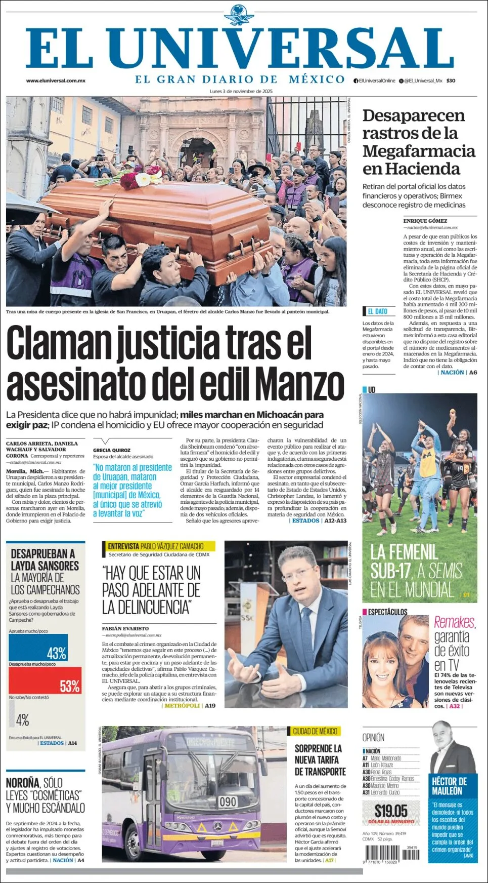 Portada de El Universal del lunes, 3 de noviembre de 2025