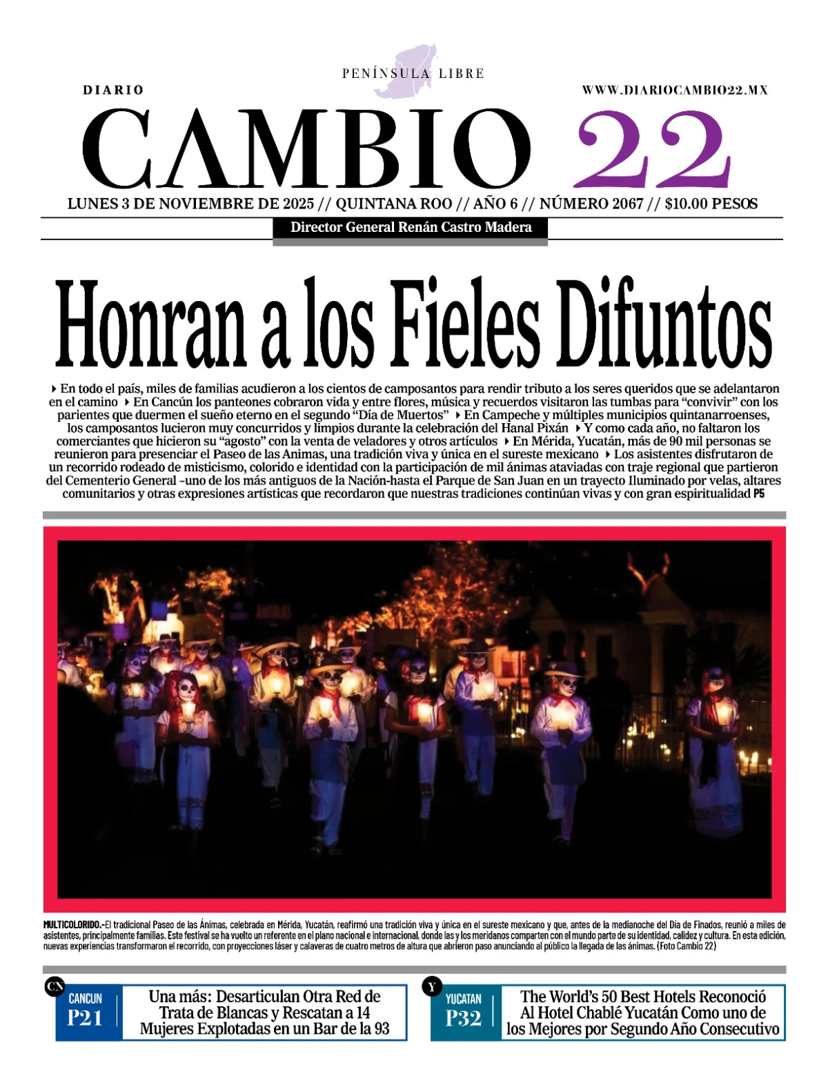 Portada de Diario Cambio 22 (contraportada) del lunes, 3 de noviembre de 2025