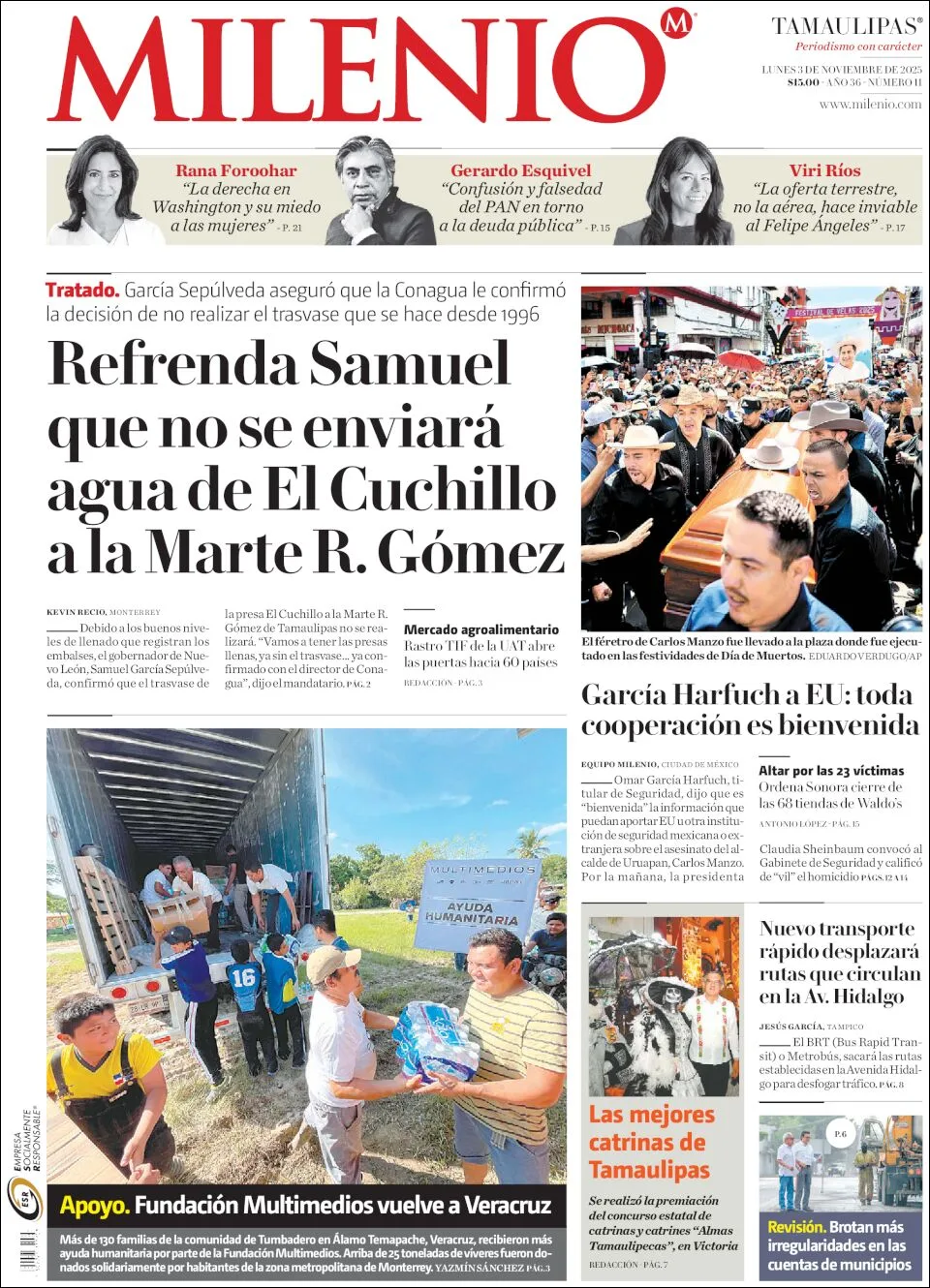 Portada de Milenio Tamaulipas del lunes, 3 de noviembre de 2025
