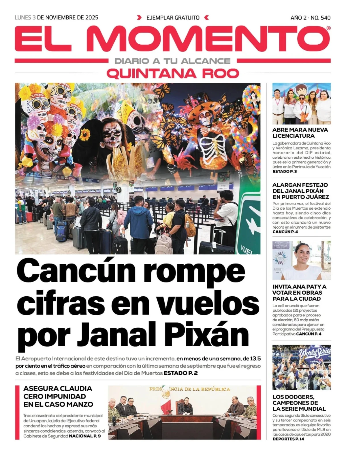 Portada de El Momento Quintana Roo del lunes, 3 de noviembre de 2025