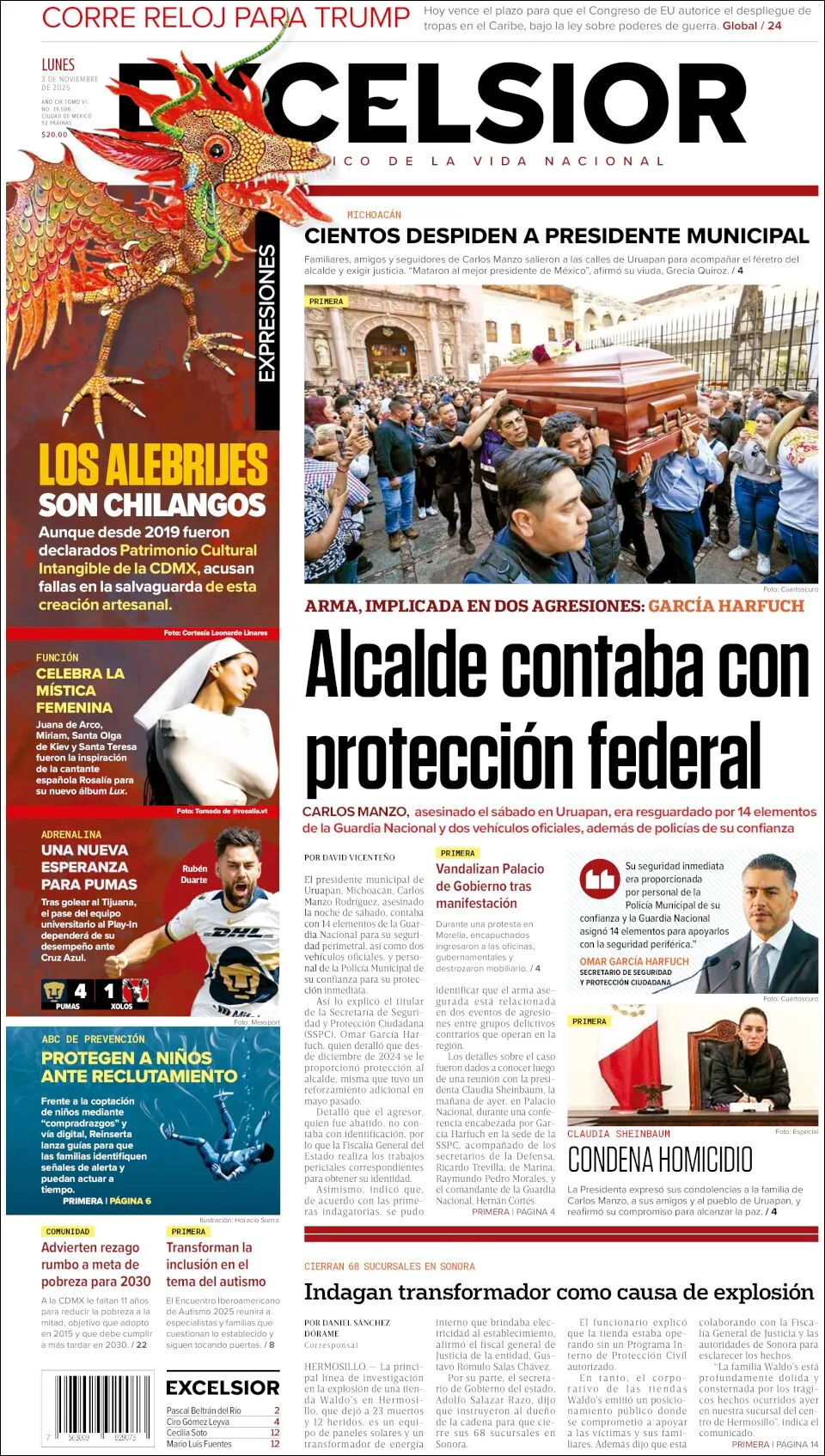 Portada de Excelsior del lunes, 3 de noviembre de 2025