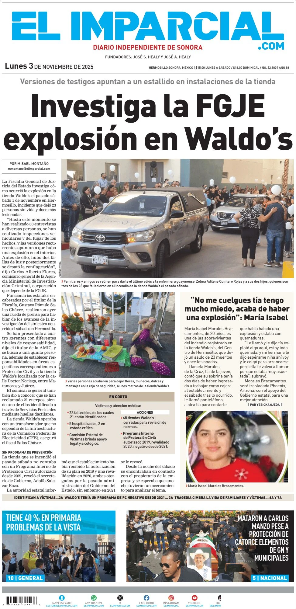 Portada de El Imparcial del lunes, 3 de noviembre de 2025