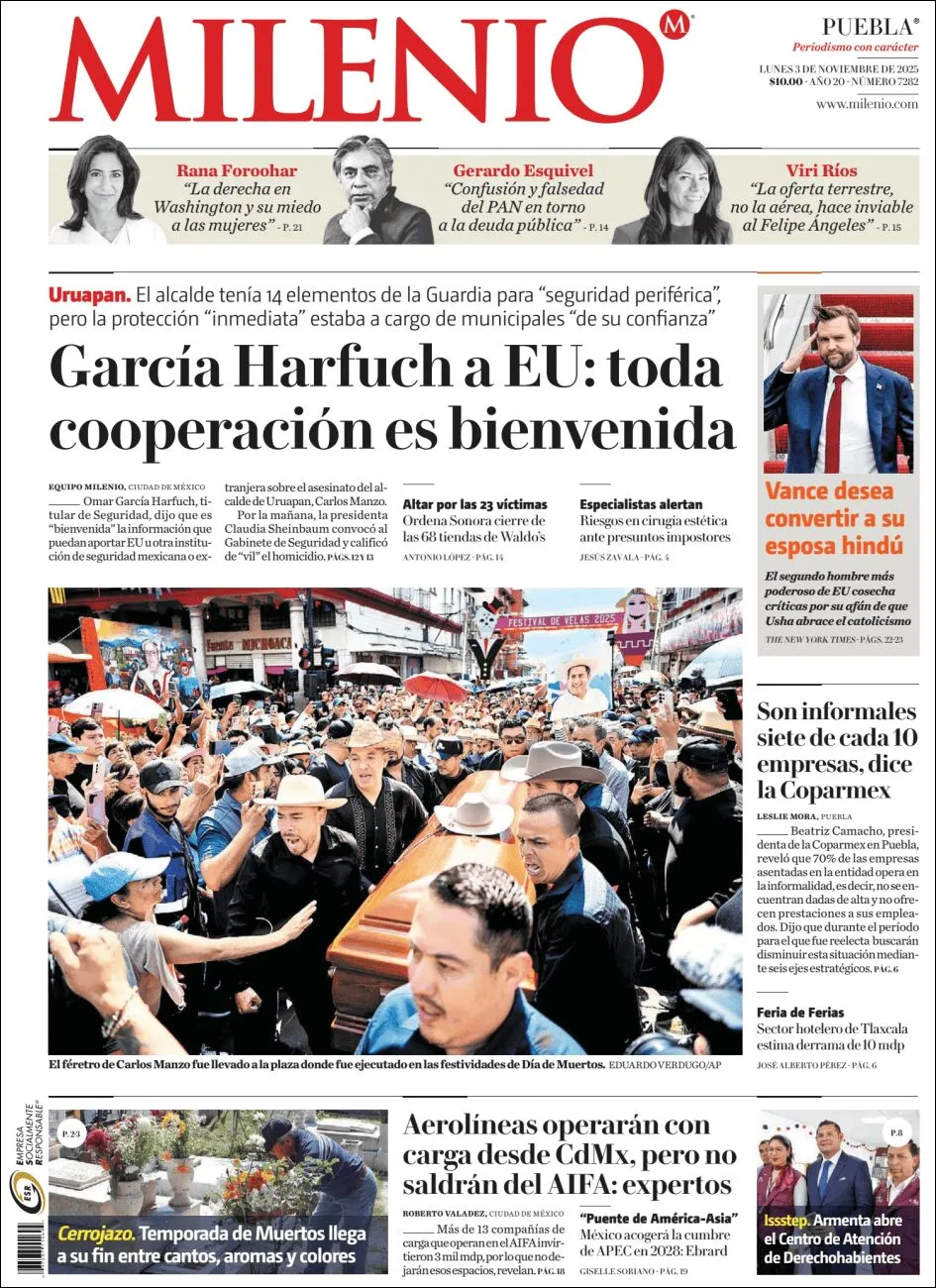 Portada de Milenio Puebla del lunes, 3 de noviembre de 2025