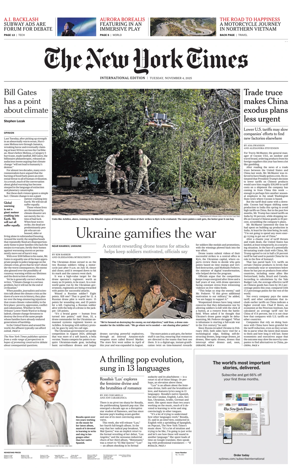 Portada de The New York Times (international) del martes, 4 de noviembre de 2025