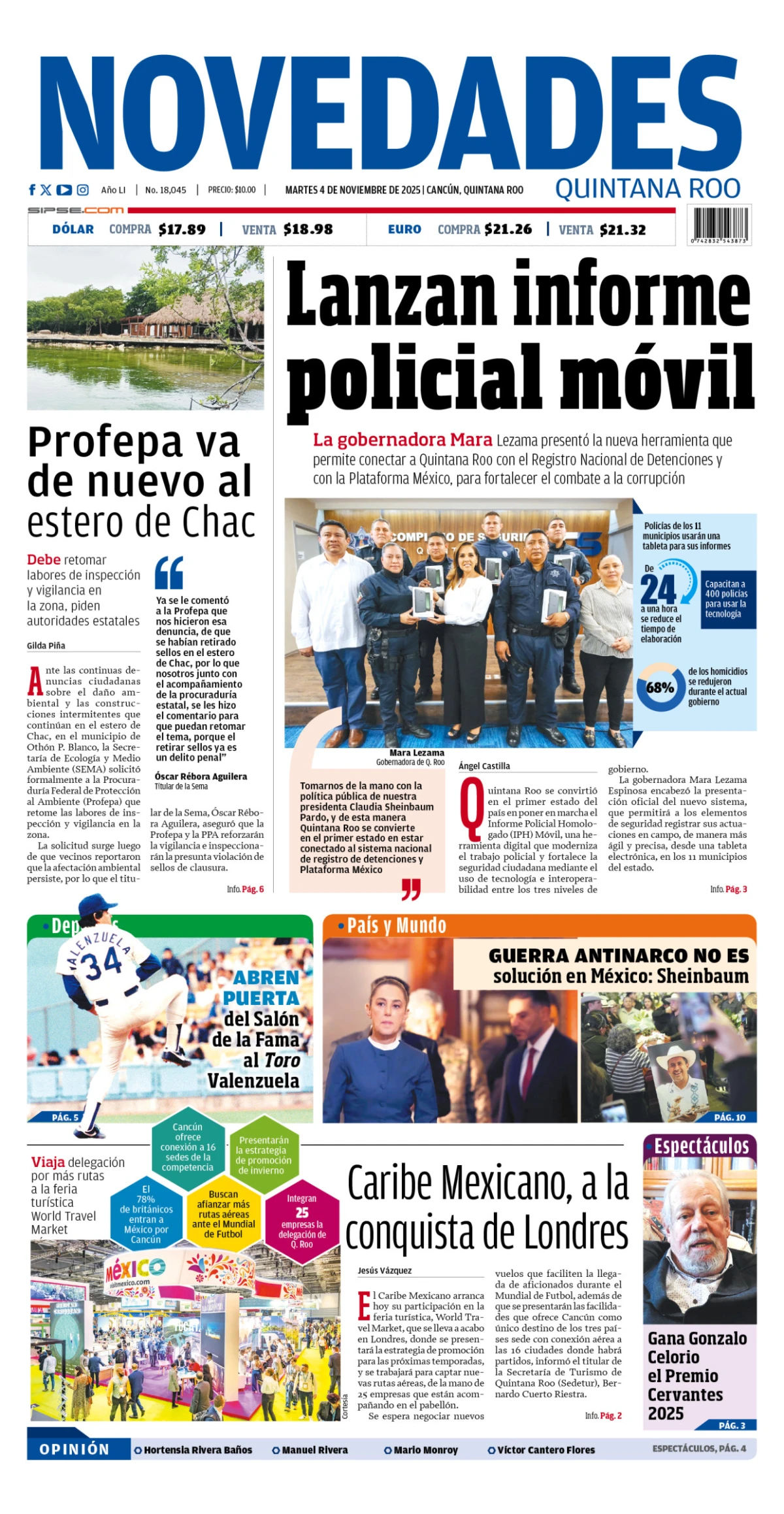 Portada de Novedades Quintana Roo del martes, 4 de noviembre de 2025