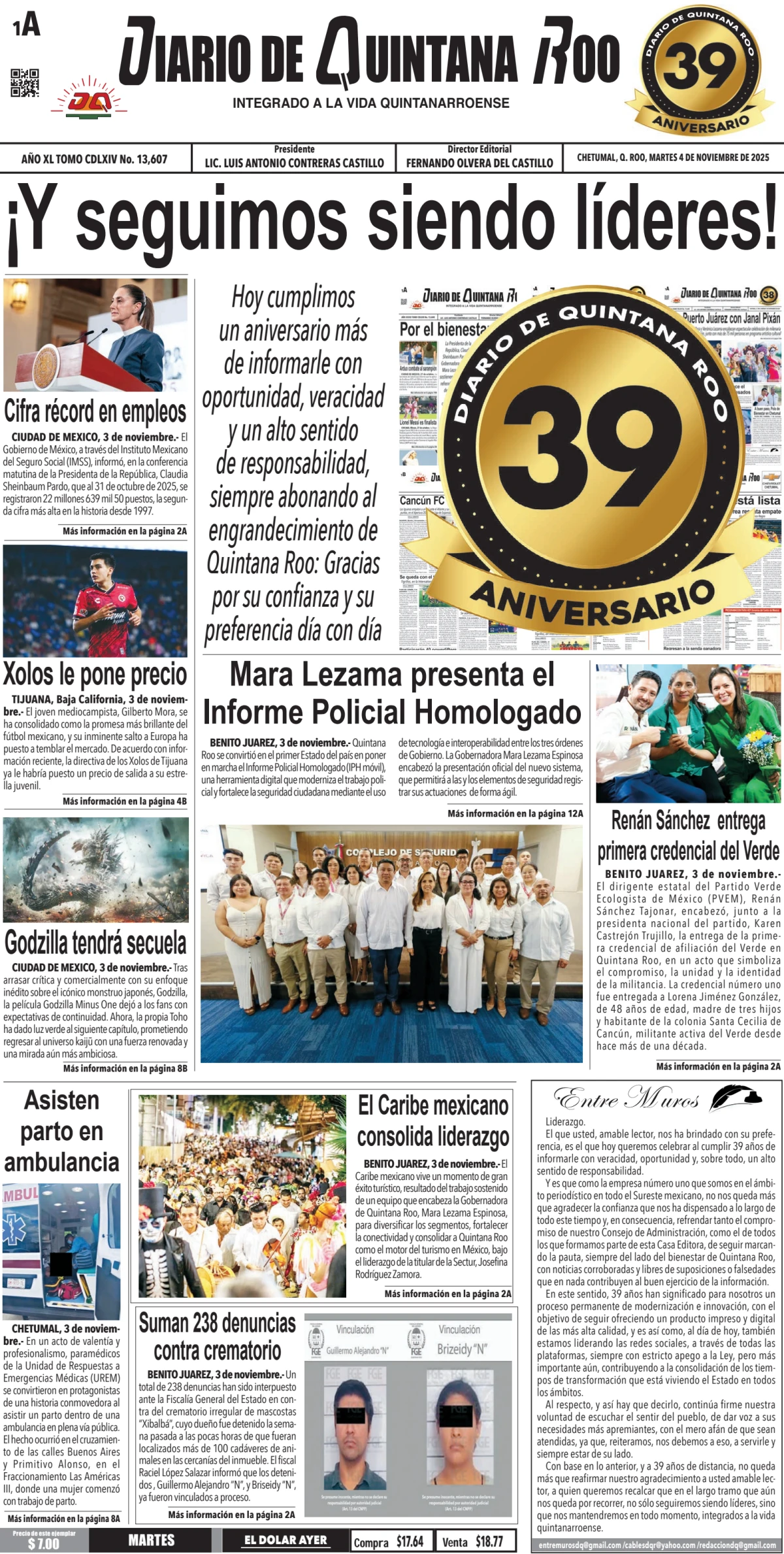 Portada de Diario de Quintana Roo (portada) del martes, 4 de noviembre de 2025