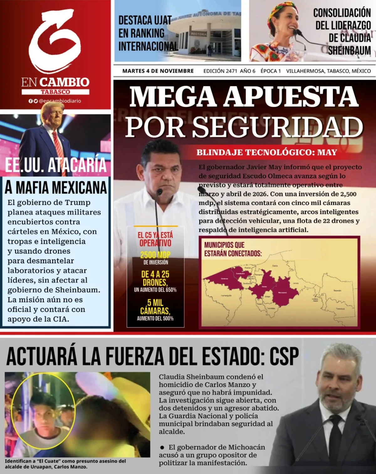 Portada de En Cambio - Tabasco (portada) del martes, 4 de noviembre de 2025