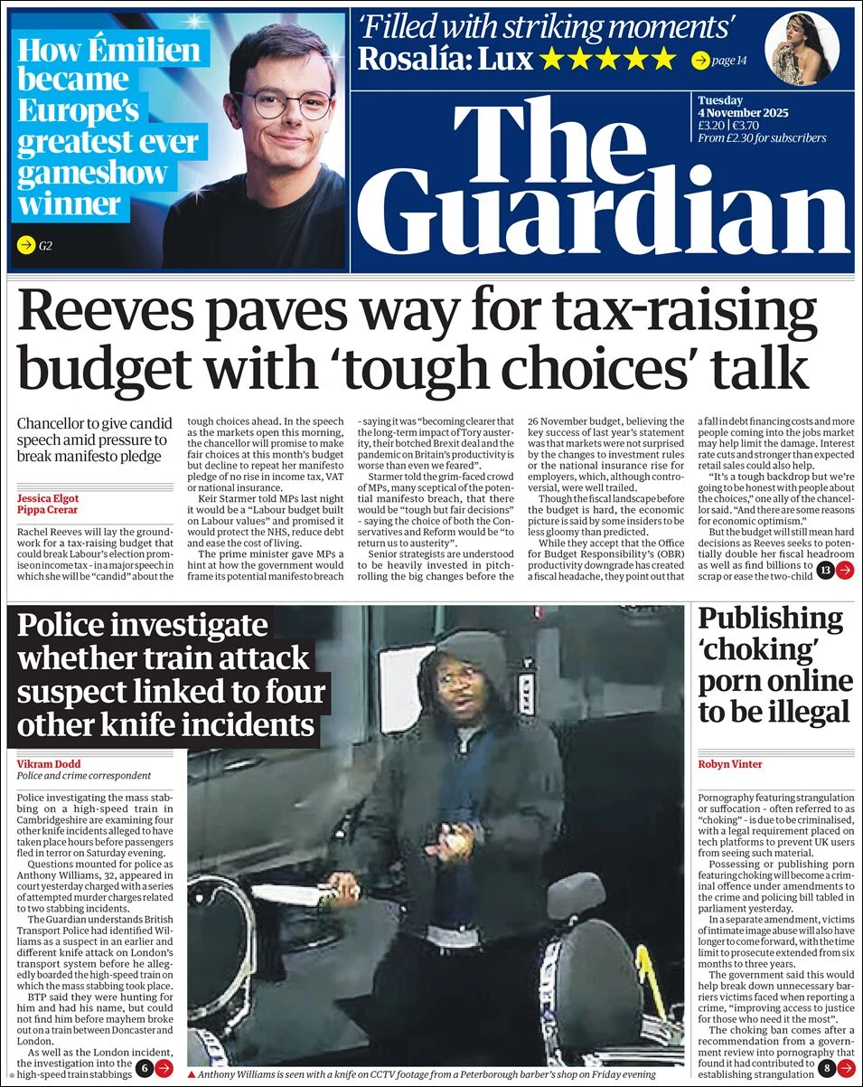 Portada de The Guardian (reino Unido) del martes, 4 de noviembre de 2025