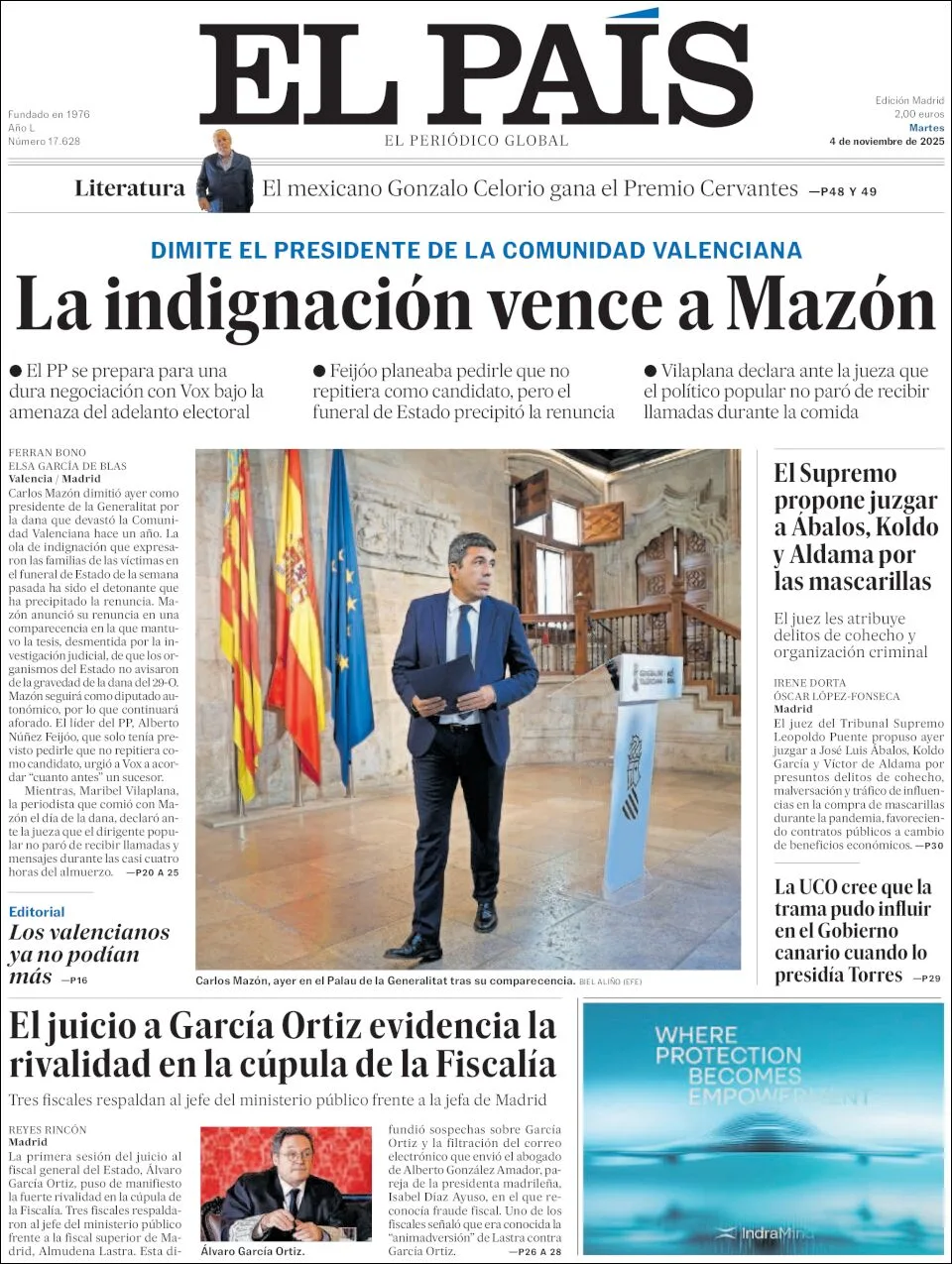 Portada de El Pais del martes, 4 de noviembre de 2025