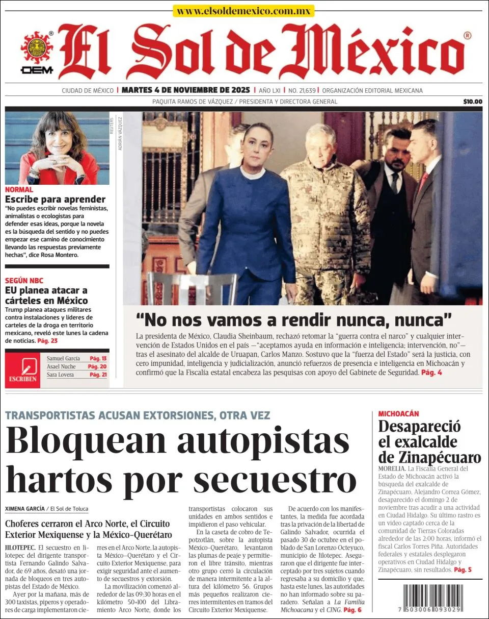 Portada de El Sol de Mexico del martes, 4 de noviembre de 2025