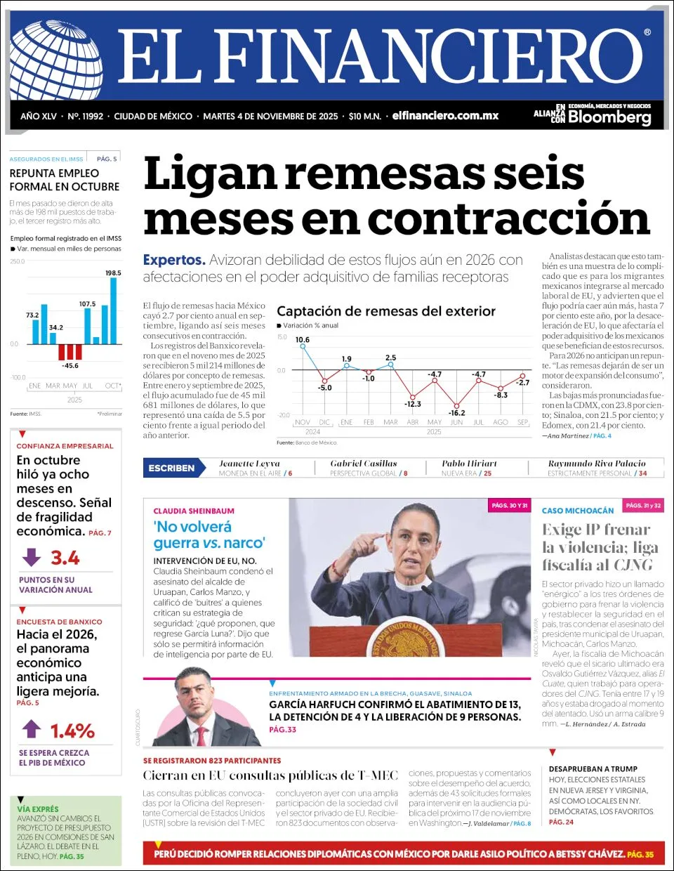 Portada de El Financiero del martes, 4 de noviembre de 2025