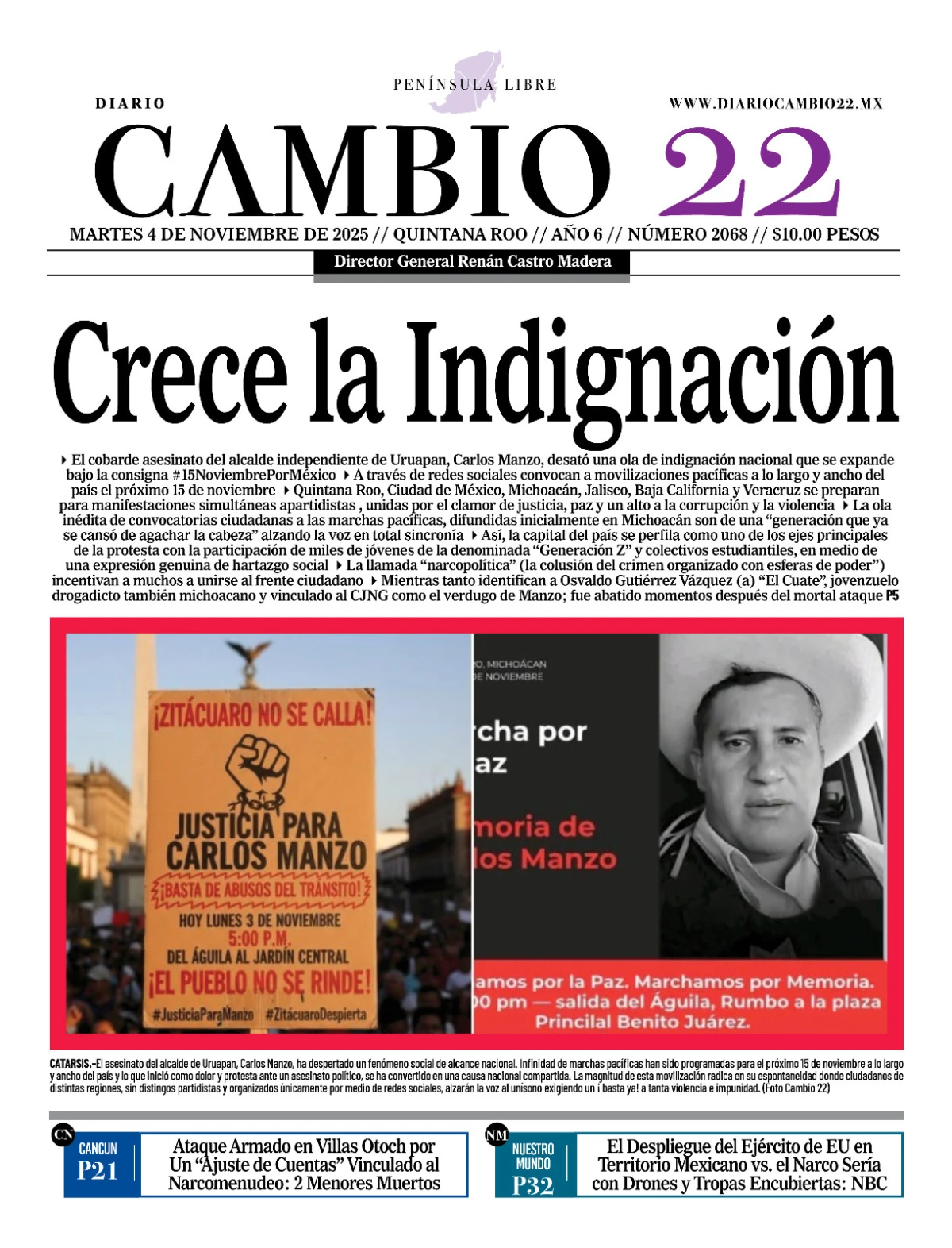 Portada de Diario Cambio 22 (contraportada) del martes, 4 de noviembre de 2025