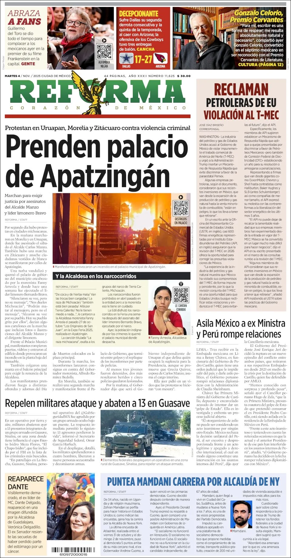 Portada de Reforma del martes, 4 de noviembre de 2025