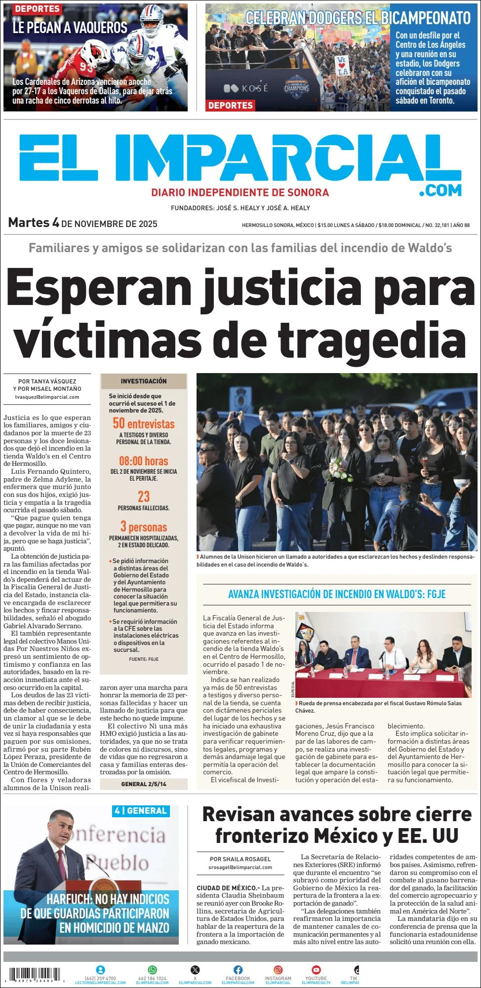 Portada de El Imparcial del martes, 4 de noviembre de 2025