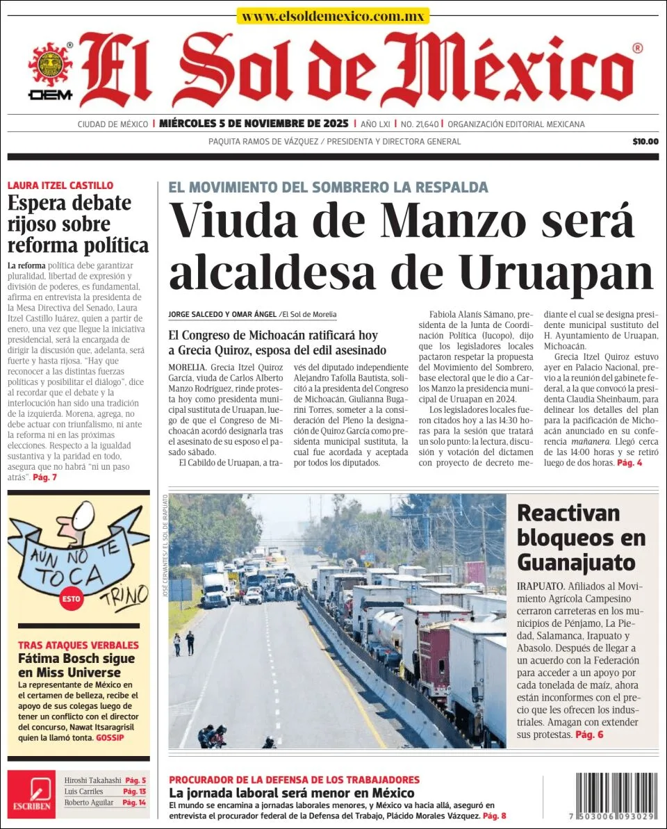 Portada de El Sol de Mexico del miércoles, 5 de noviembre de 2025