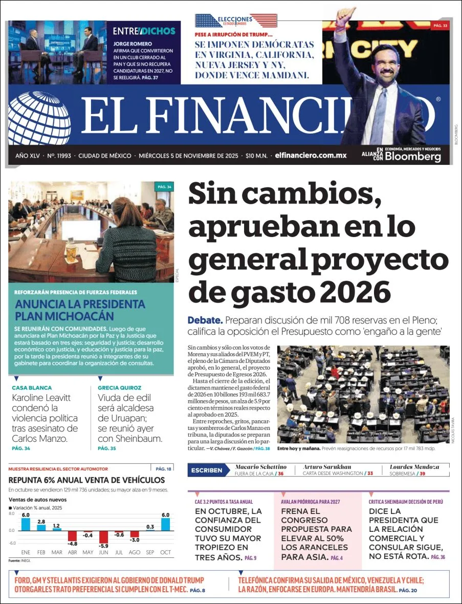 Portada de El Financiero del miércoles, 5 de noviembre de 2025