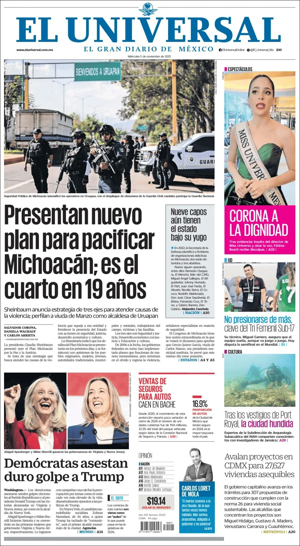 Portada de El Universal del miércoles, 5 de noviembre de 2025