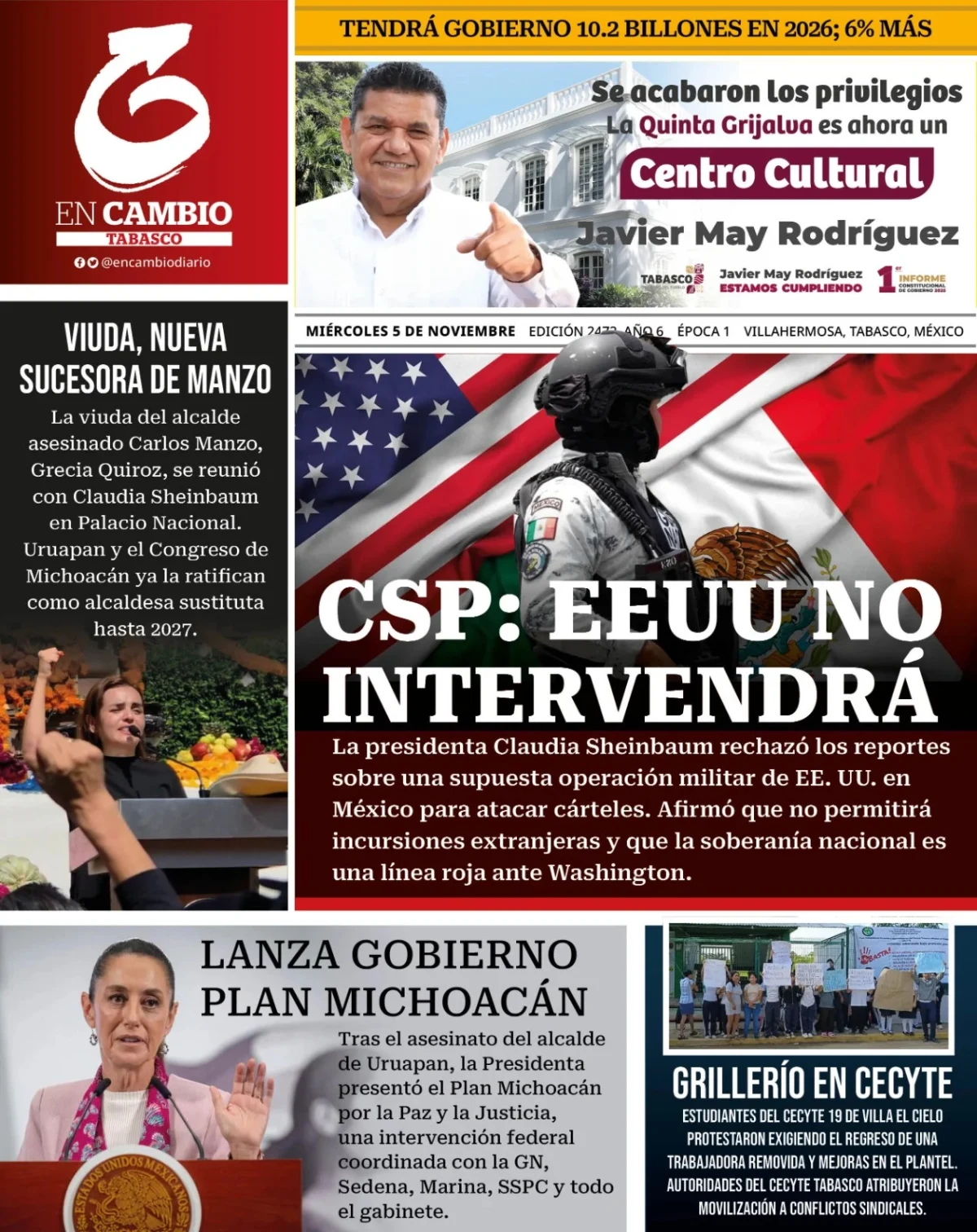 Portada de En Cambio - Tabasco (portada) del miércoles, 5 de noviembre de 2025