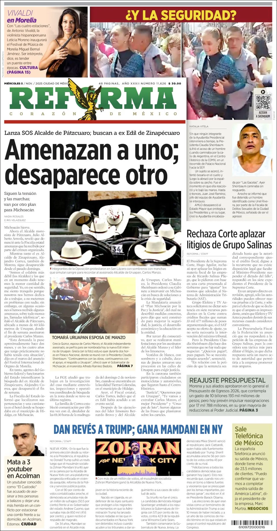 Portada de Reforma del miércoles, 5 de noviembre de 2025