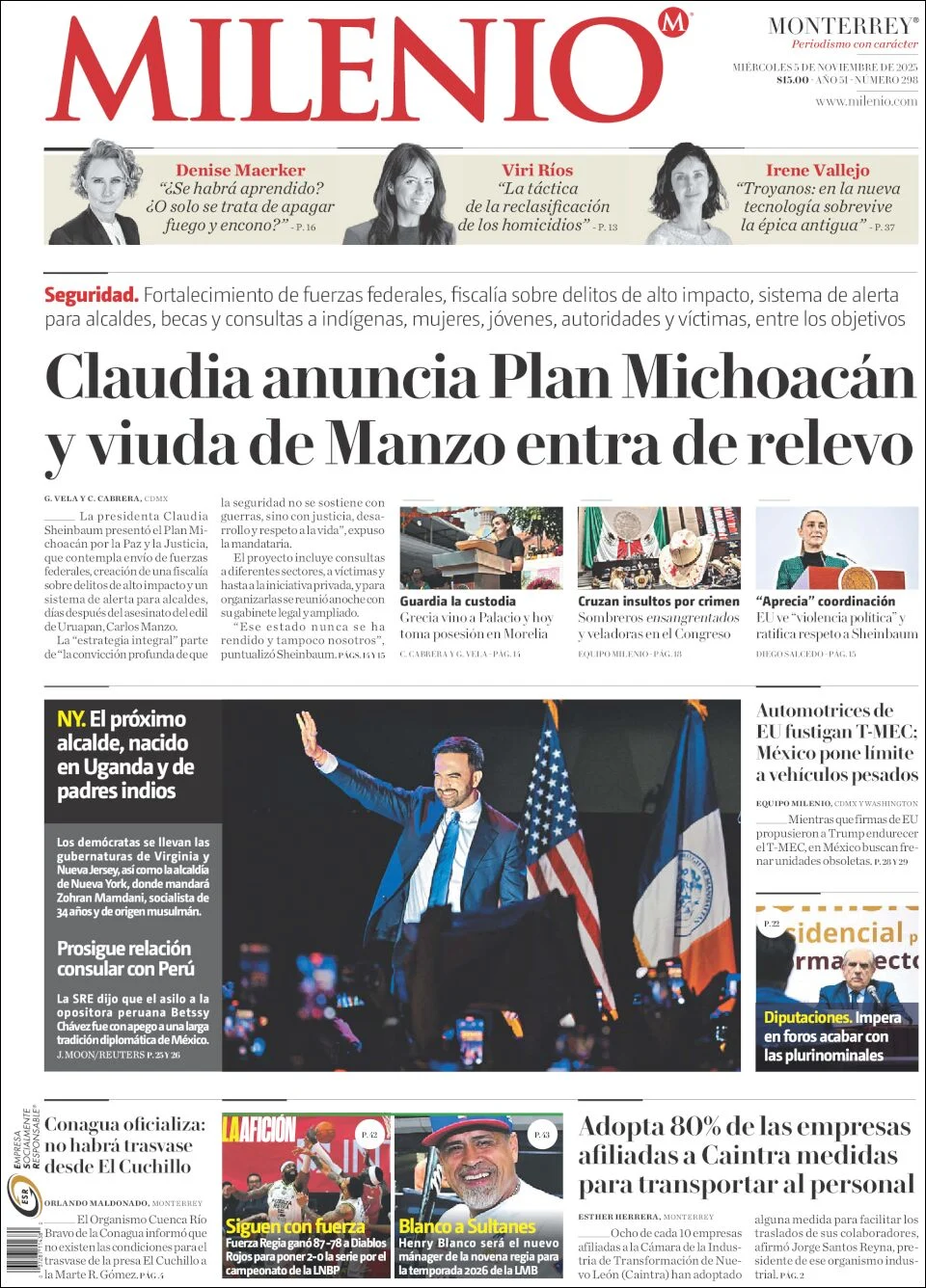 Portada de Milenio del miércoles, 5 de noviembre de 2025