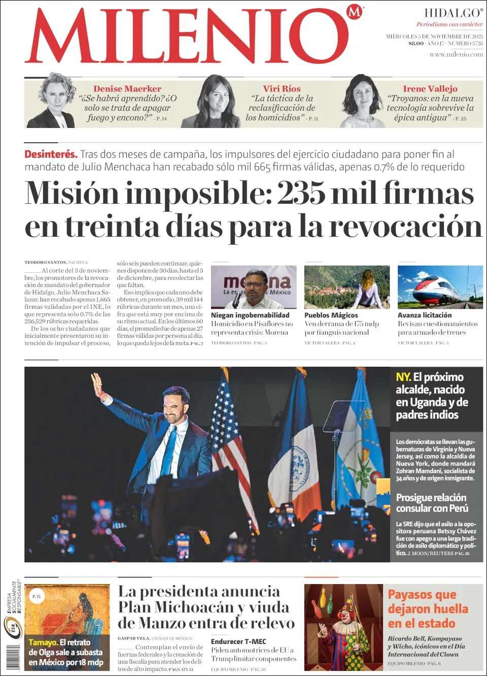 Portada de Milenio Hidalgo del miércoles, 5 de noviembre de 2025