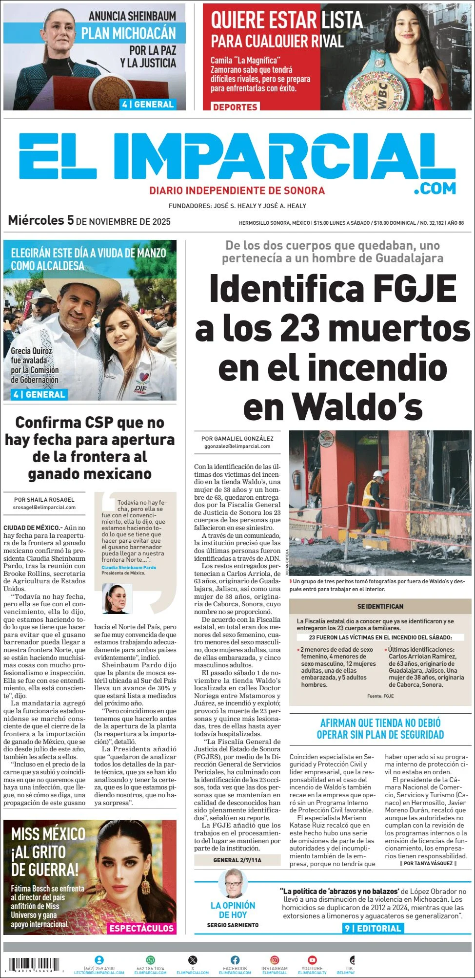 Portada de El Imparcial del miércoles, 5 de noviembre de 2025