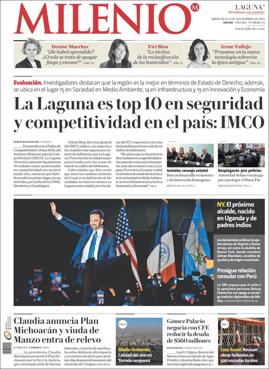 Portada de Milenio Laguna del miércoles, 5 de noviembre de 2025