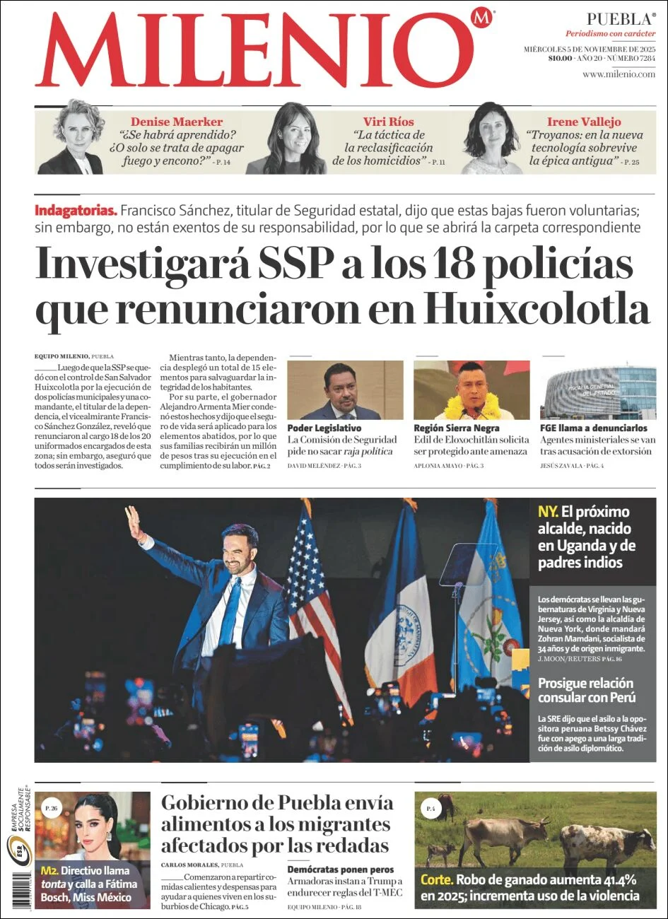 Portada de Milenio Puebla del miércoles, 5 de noviembre de 2025