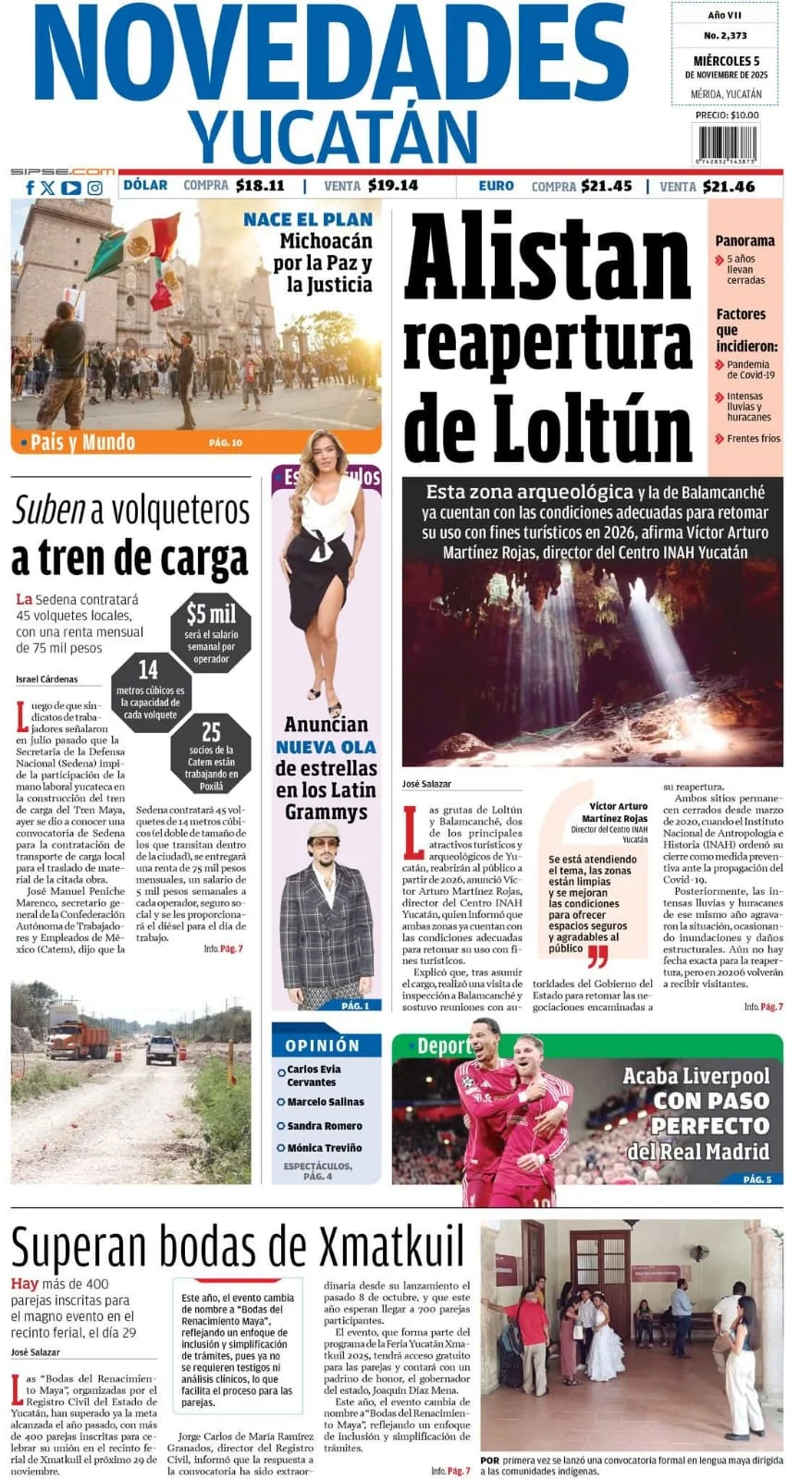 Portada de Novedades Yucatan del miércoles, 5 de noviembre de 2025