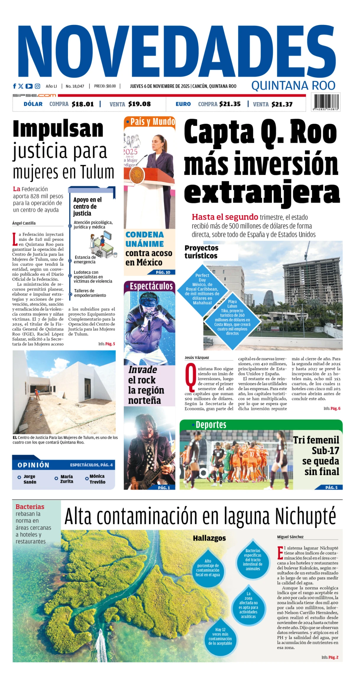 Portada de Novedades Quintana Roo del jueves, 6 de noviembre de 2025